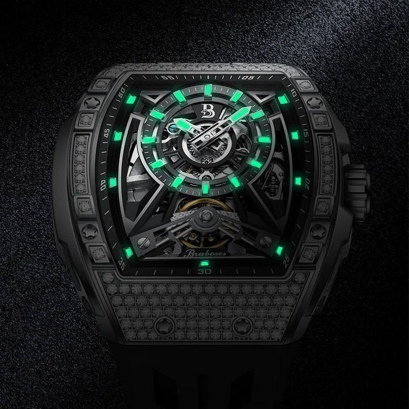 Men Mechanical Winding Watch Montre Homme New BRUBOSES 5ATM Water Resistant Luminous Tonneau Quartz Wristwatch WIth Diamond