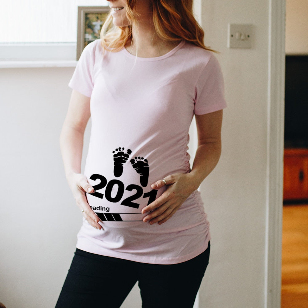 Baby Loading Pregnant Woman Printed T Shirt Maternity Short Sleeve Announcement Mom Clothes