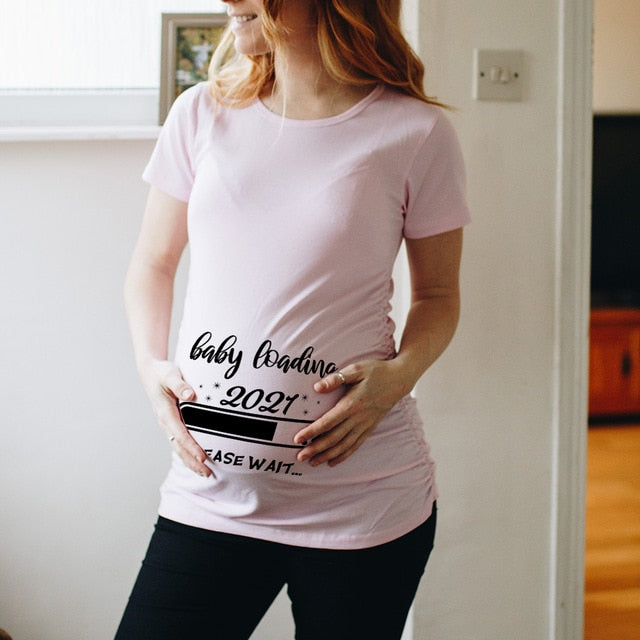 Baby Loading Pregnant Woman Printed T Shirt Maternity Short Sleeve Announcement Mom Clothes