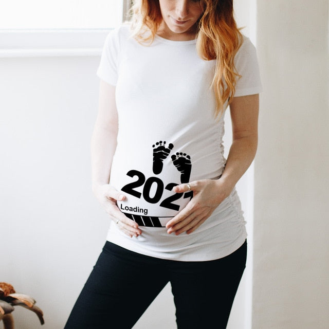 Baby Loading Pregnant Woman Printed T Shirt Maternity Short Sleeve Announcement Mom Clothes