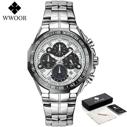 Sports Watches For Men Fashion Quartz Men Big Clock WWOOR Top Brand Luxury Military Full Steel Waterproof Chronograph Wristwatch
