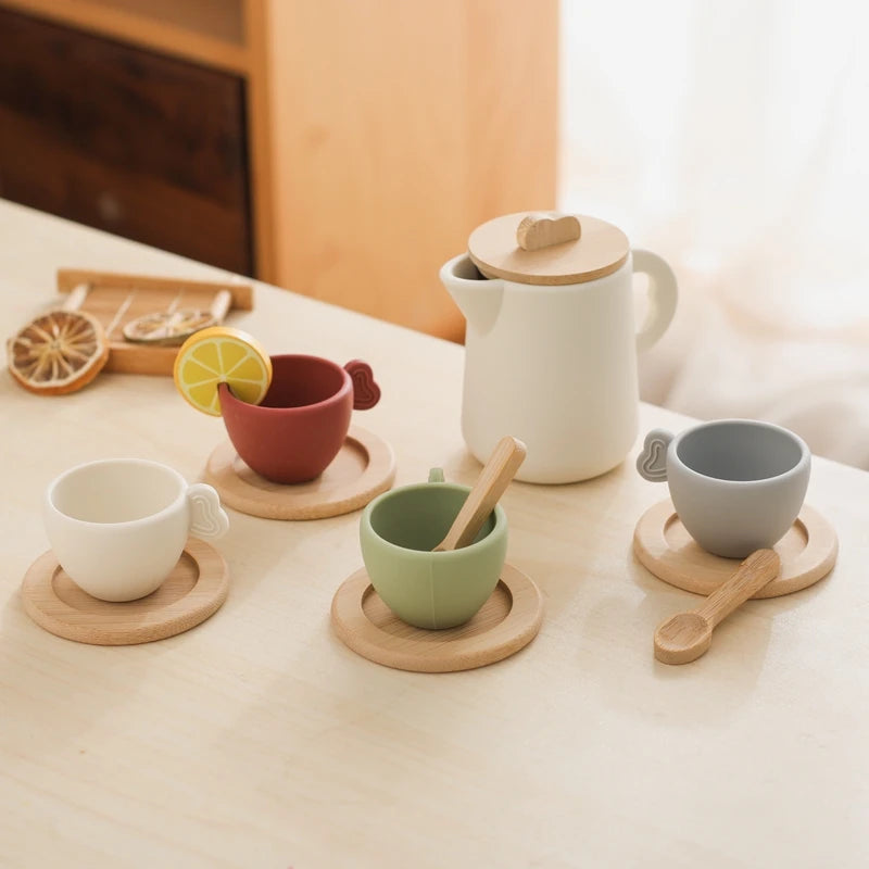 Wooden Montessori Toys Toddler Pretend Play Tea Party Set Silicone Teapot Cups Wood Tray Scoop Toys for Kids Birthday Gift