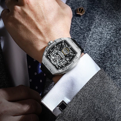 Men Mechanical Winding Watch Montre Homme New BRUBOSES 5ATM Water Resistant Luminous Tonneau Quartz Wristwatch WIth Diamond