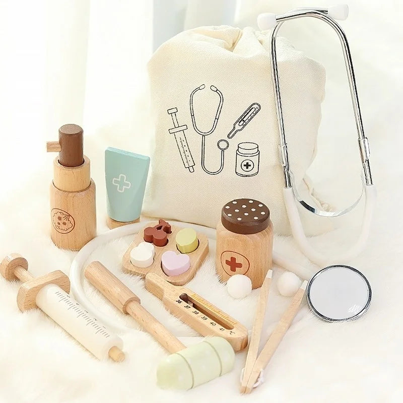 Children playing house simulation, doctors, nurses, stethoscopes, medical kits, syringes, toy sets, wooden boys and girls