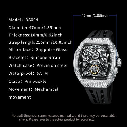 Men Mechanical Winding Watch Montre Homme New BRUBOSES 5ATM Water Resistant Luminous Tonneau Quartz Wristwatch WIth Diamond