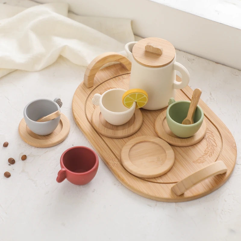 Wooden Montessori Toys Toddler Pretend Play Tea Party Set Silicone Teapot Cups Wood Tray Scoop Toys for Kids Birthday Gift