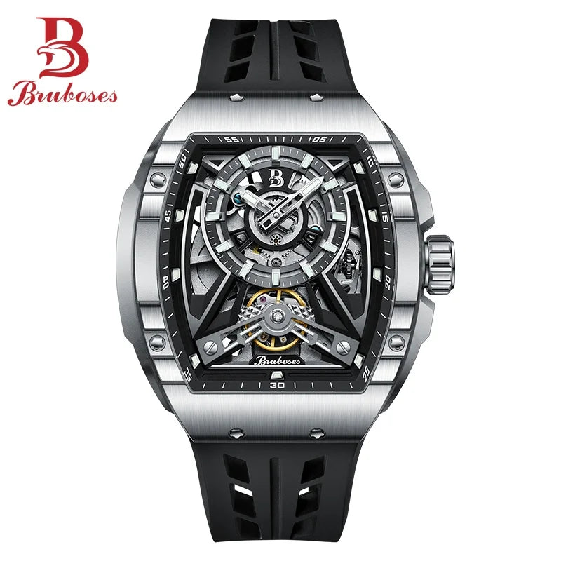 Men Mechanical Winding Watch Montre Homme New BRUBOSES 5ATM Water Resistant Luminous Tonneau Quartz Wristwatch WIth Diamond