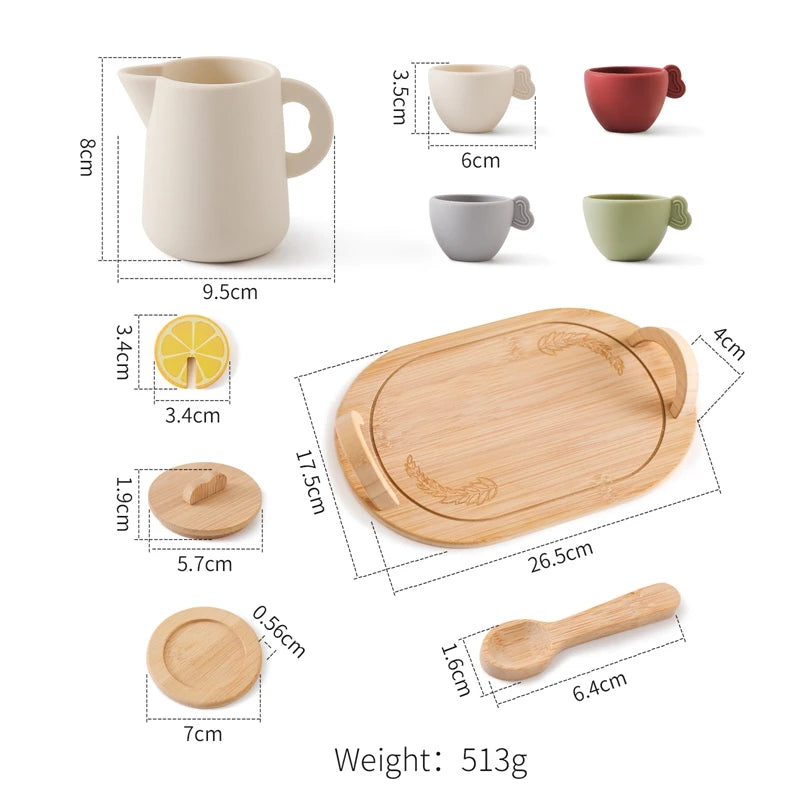 Wooden Montessori Toys Toddler Pretend Play Tea Party Set Silicone Teapot Cups Wood Tray Scoop Toys for Kids Birthday Gift