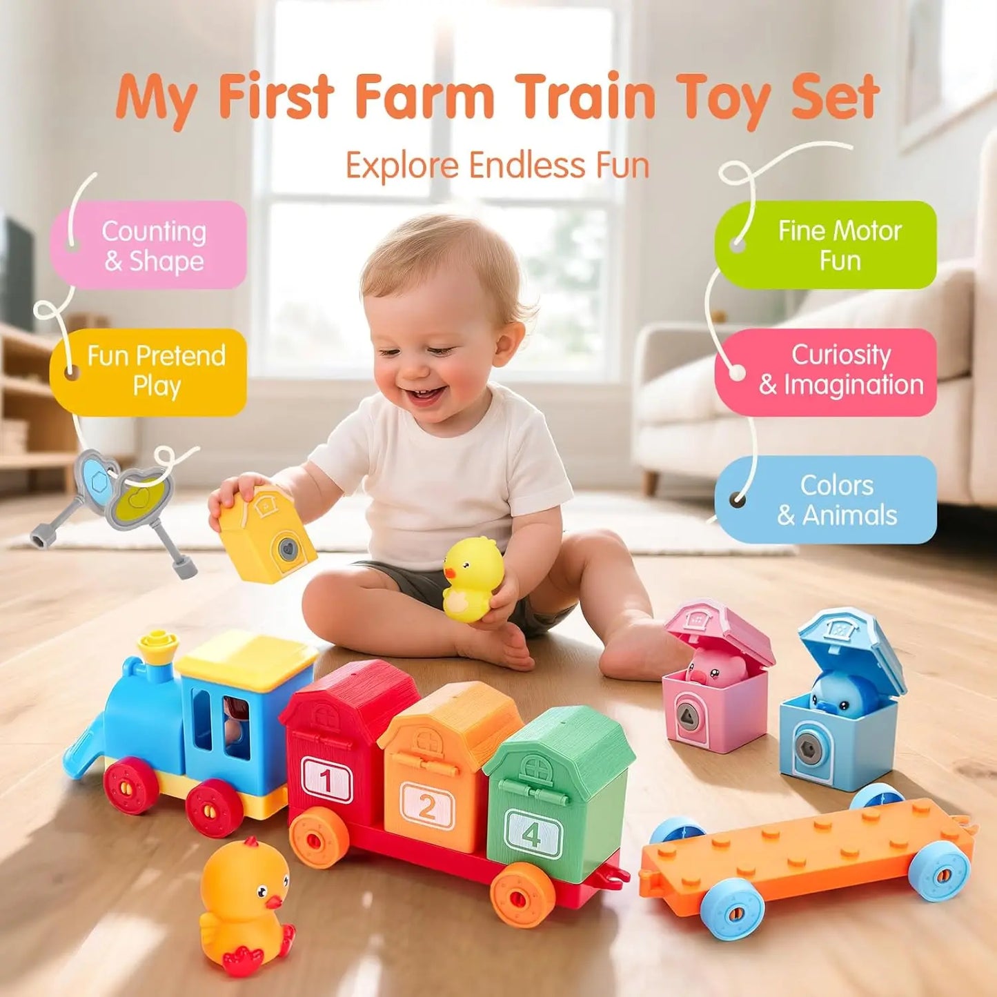 Toddler Learning Toys Montessori Train Set with Farm Animals Counting Sorting Toys Fine Motor Finger Puppets Games For Gifts
