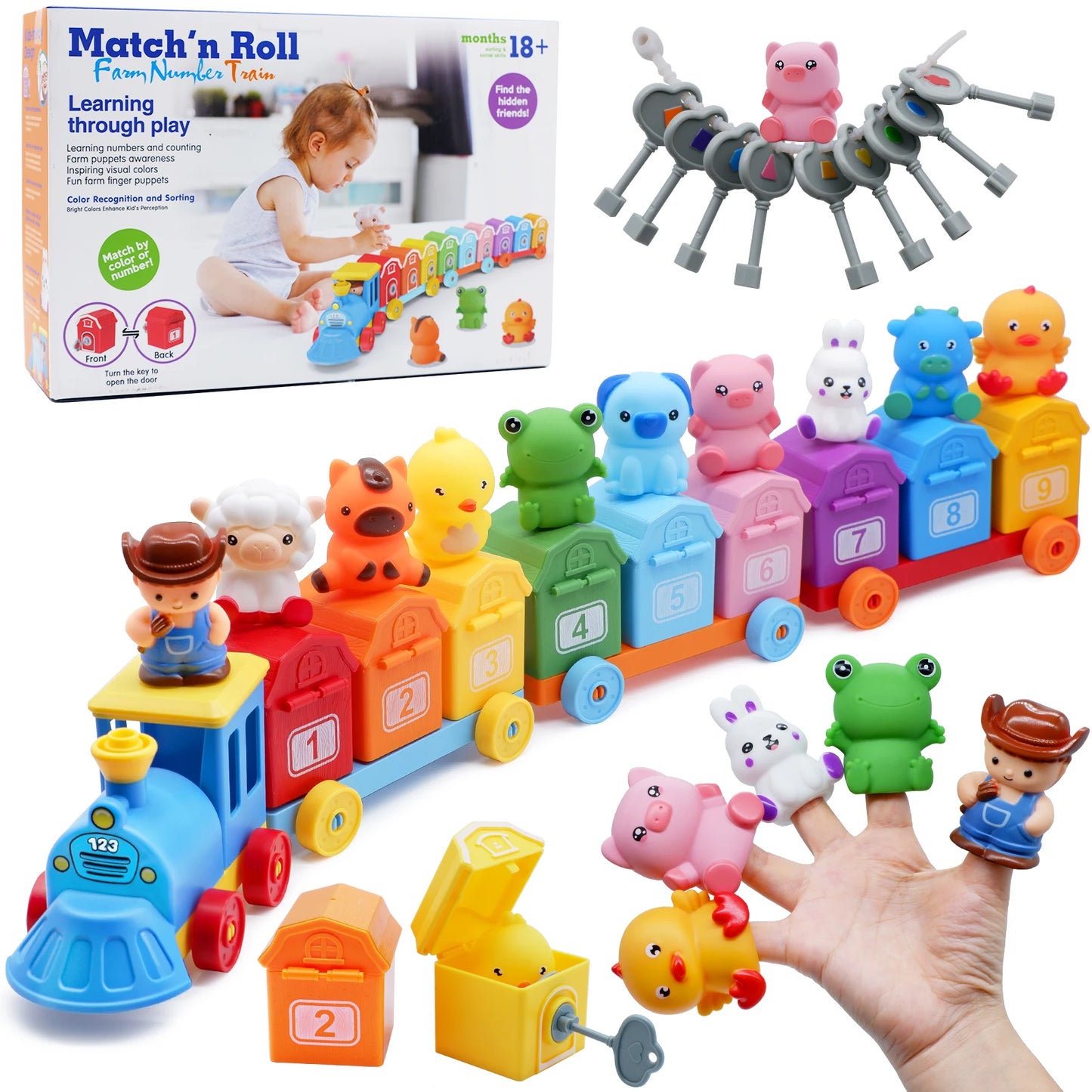 Toddler Learning Toys Montessori Train Set with Farm Animals Counting Sorting Toys Fine Motor Finger Puppets Games For Gifts