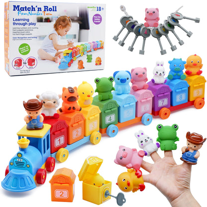 Toddler Learning Toys Montessori Train Set with Farm Animals Counting Sorting Toys Fine Motor Finger Puppets Games For Gifts