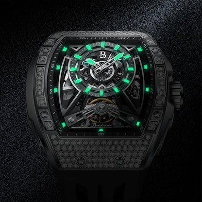 Men Mechanical Winding Watch Montre Homme New BRUBOSES 5ATM Water Resistant Luminous Tonneau Quartz Wristwatch WIth Diamond