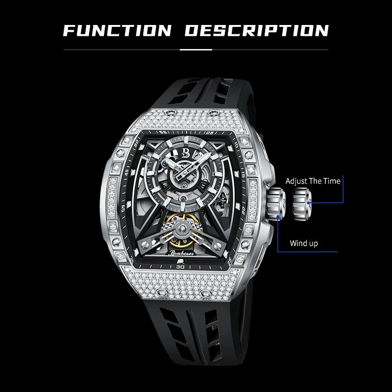 Men Mechanical Winding Watch Montre Homme New BRUBOSES 5ATM Water Resistant Luminous Tonneau Quartz Wristwatch WIth Diamond