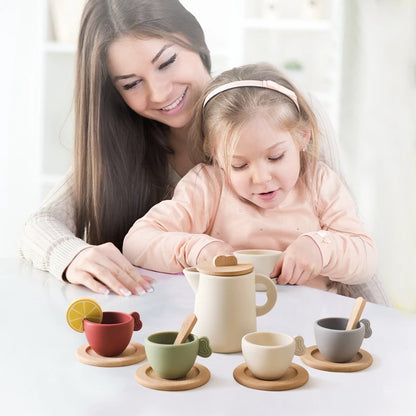 Wooden Montessori Toys Toddler Pretend Play Tea Party Set Silicone Teapot Cups Wood Tray Scoop Toys for Kids Birthday Gift