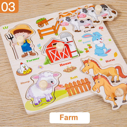 Wooden Puzzle Montessori Toys for Kids Cartoon Animal Traffic Hand Grab Boards Early Learning Educational Toys for Children