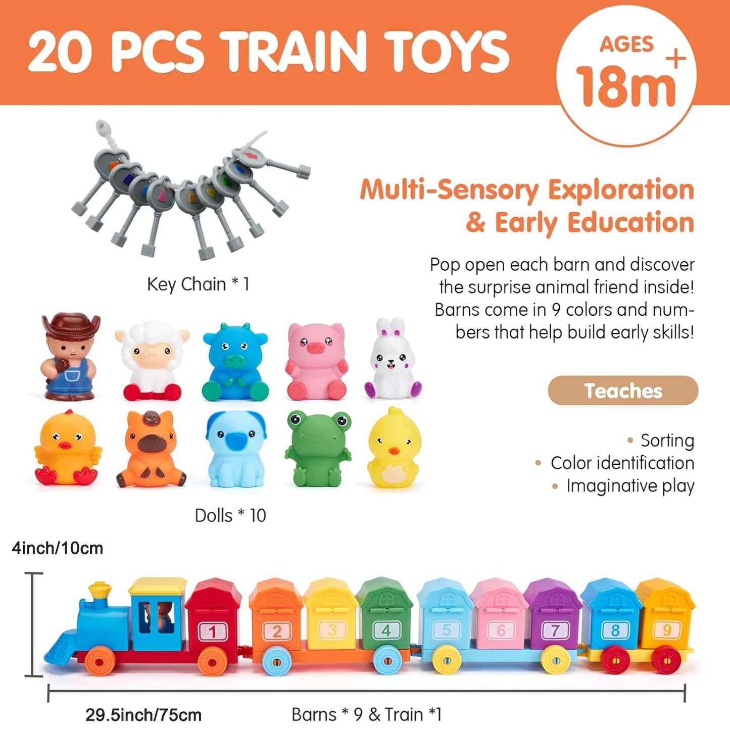 Toddler Learning Toys Montessori Train Set with Farm Animals Counting Sorting Toys Fine Motor Finger Puppets Games For Gifts