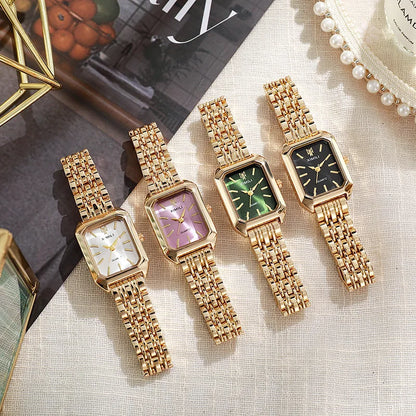 Women Watches Business Luxury Ladies Fashion Quartz Watch Simple Scale Square Quality Gold Plated Stainless Steel Folding Clock